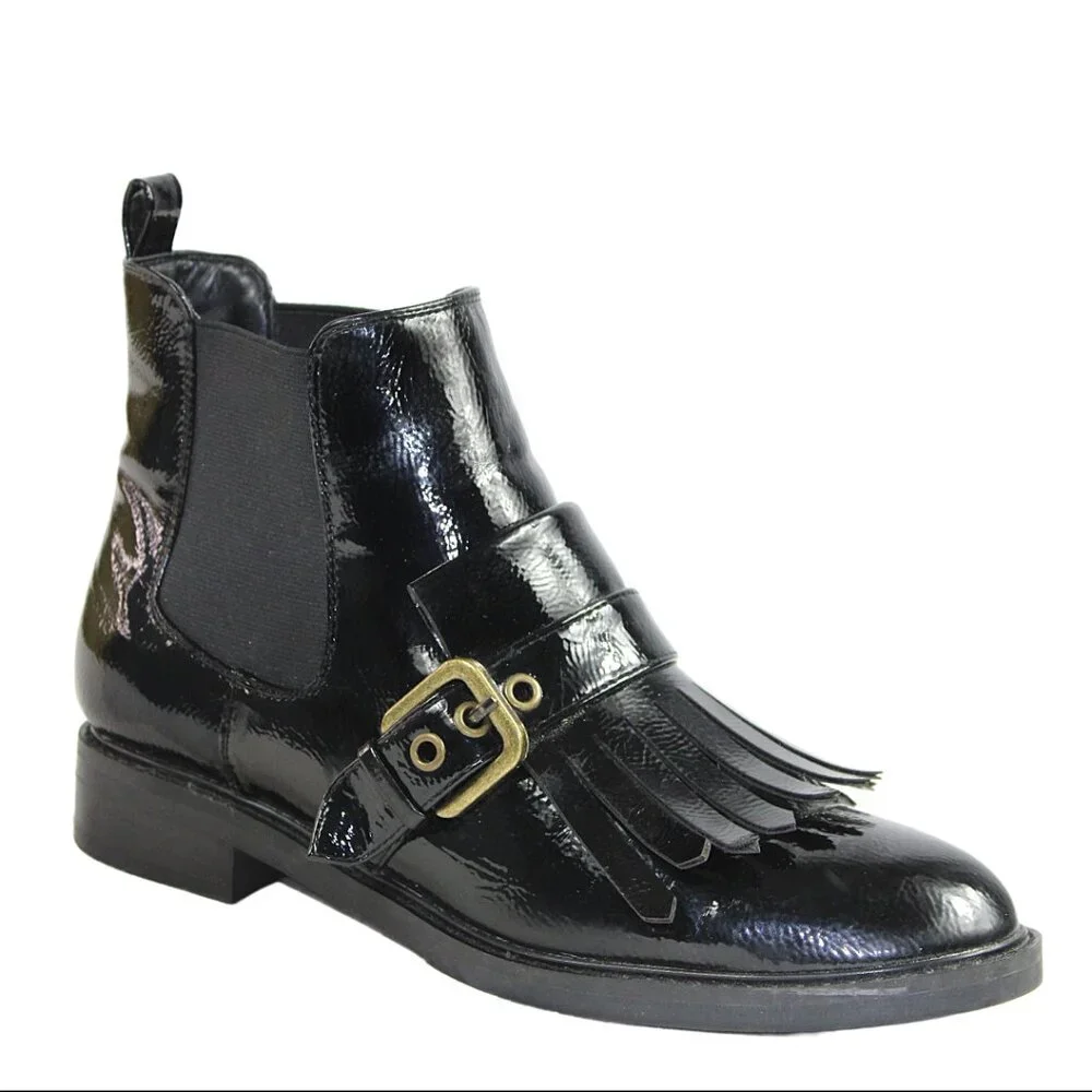 Marc Fisher Brigita Chelsea Kiltie Black Patent Buckle Pull On Boot, Size 7
